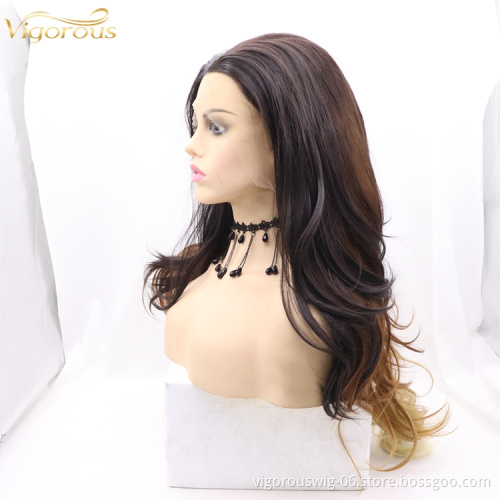 Wholesale high quality long curl cheap heat resistant ombre mixed synthetic wig with lace frontal